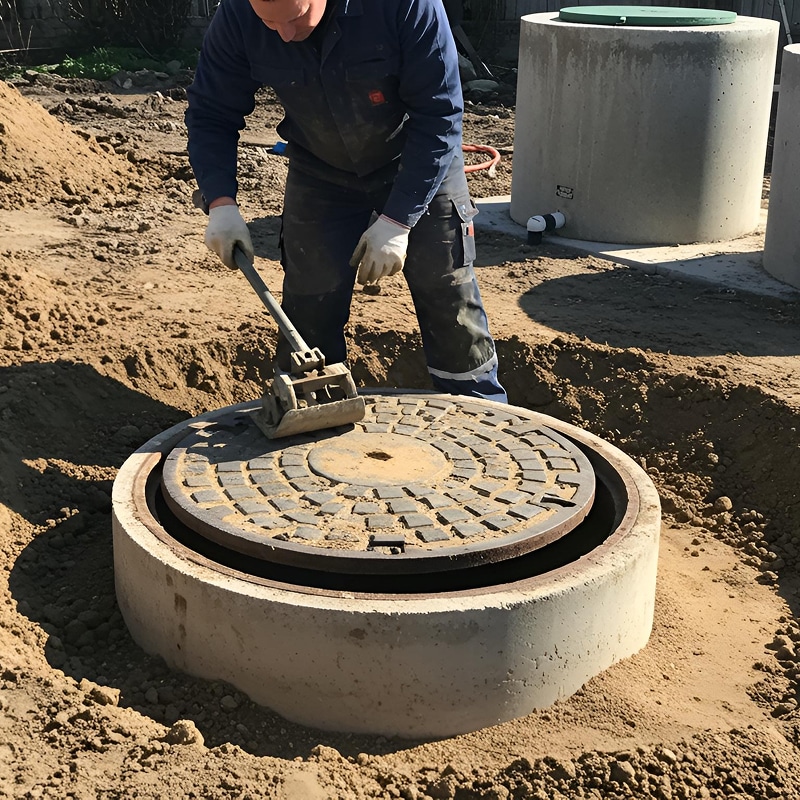 Pose de regard en béton: installation plaque d'égout fonte Ouvrier en combinaison bleue ajuste une plaque de regard en fonte circulaire sur un anneau en béton avec un outil, sur un chantier ensoleillé.