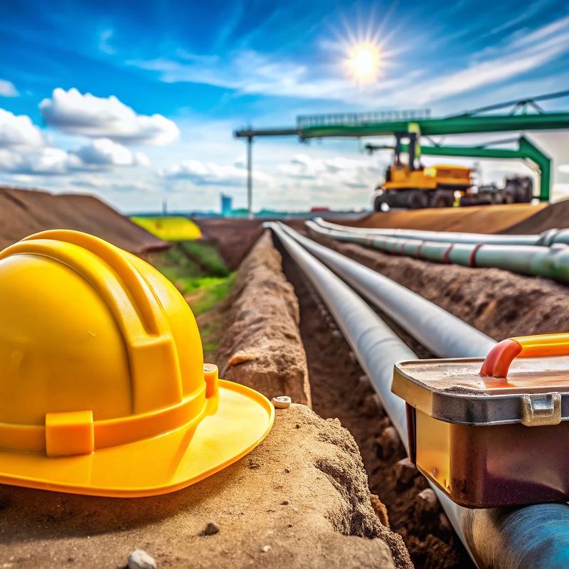 Pose de Pipelines: Chantier de Construction et Sécurité Casque de sécurité jaune et boîte à outils sur chantier de pose de pipelines. Tranchée, tuyaux gris, engin et ciel bleu intense sous le soleil.